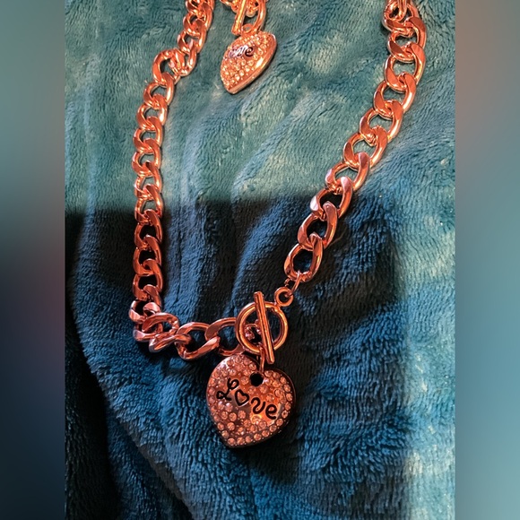 ELEGANT ROSE/GOLD 3PC CRYSTAL LOVE PUFF HEART NECKLACE BRACELET &EARRING 18Kg.p. - Picture 2 of 16